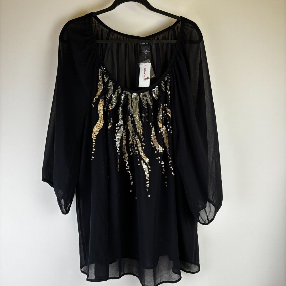 NWT Lane Bryant Sheer Black 3/4 Sleeve Top Sequined Design on front Size 26/28